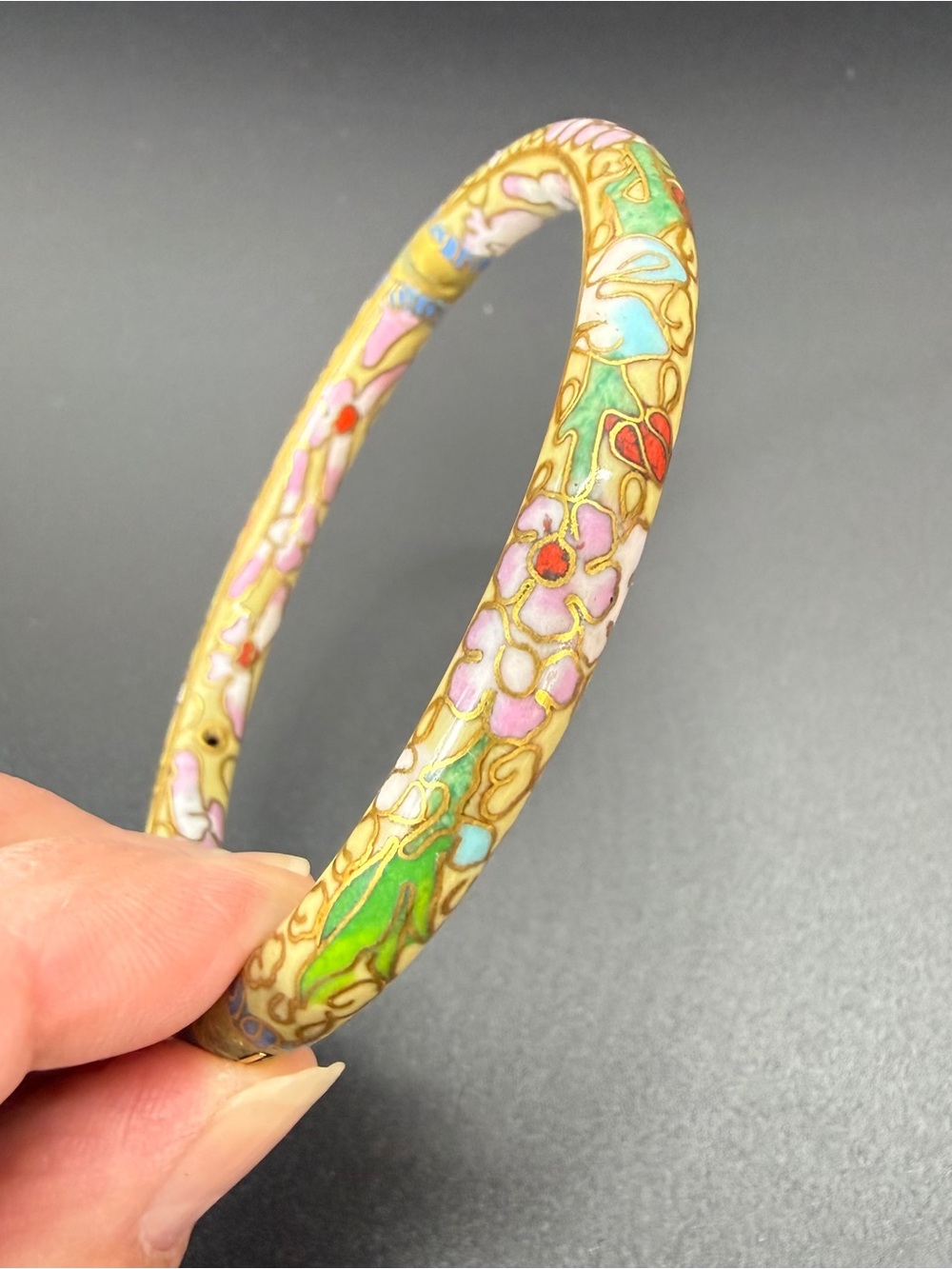 Vintage Chinese Export CLOISONNE ENAMEL Hinged Flowered Bangle Bracelet